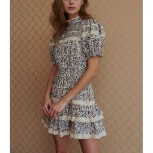 STELLAH Floral Eyelet Trim Cotton Smocked Mini Dress